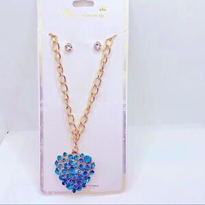 Necklace Crystal Iridescent Heart Turquoise with Earrings on Golden chain.